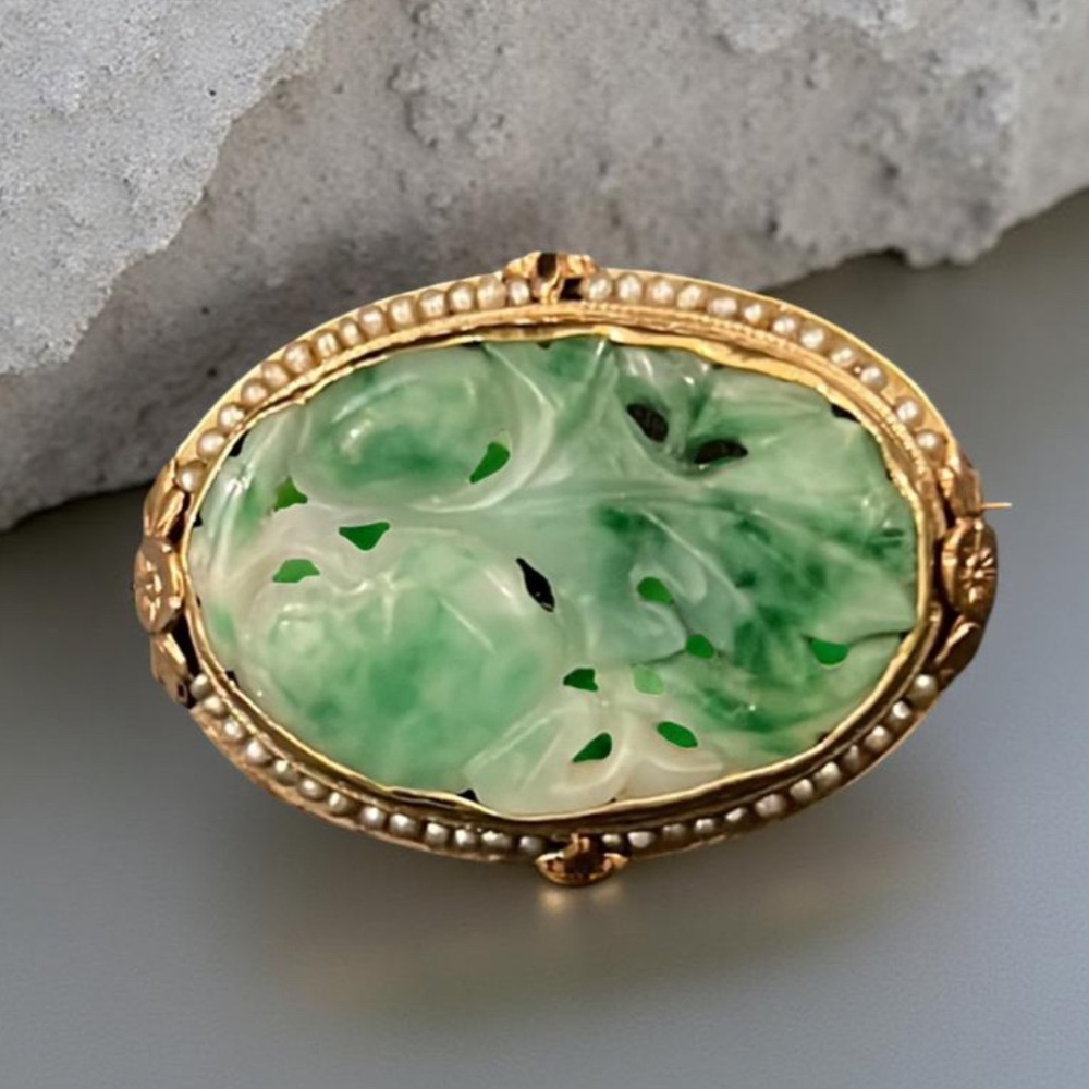 Antique Art Deco Gold Apple Jade Floral Cherry Blossom Pearl Lined Cameo Brooch - Picture 15 of 16